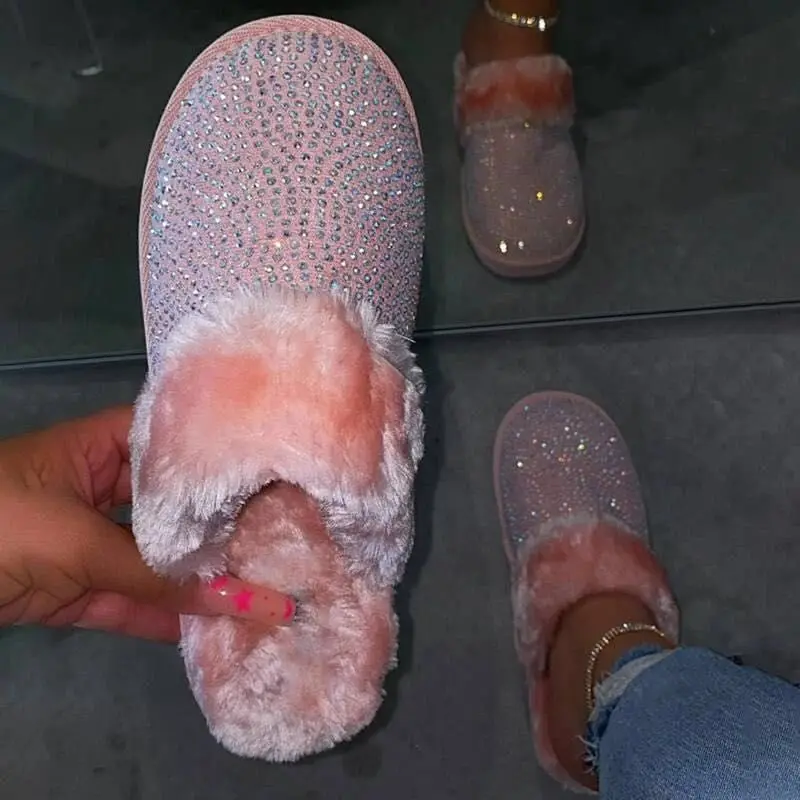 

China wholesale crystal sparkly bling glitter rhinestone slippers for women winter fluffy sandals platform fur slides