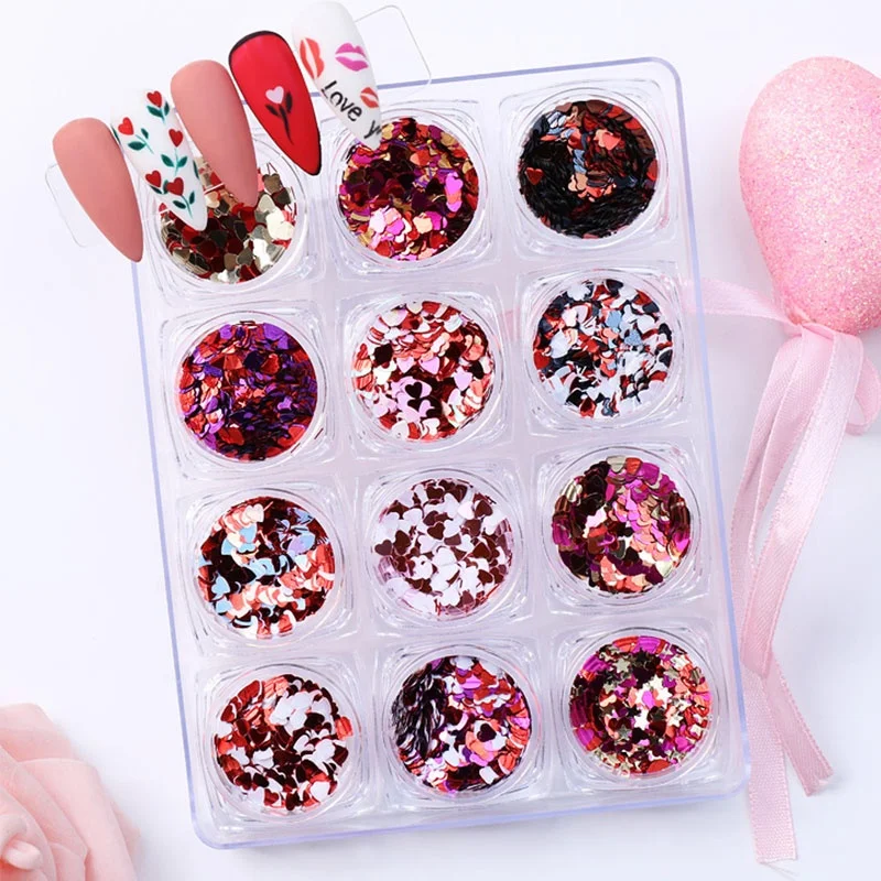 

Paso Sico 12 colors mixed Heart Love nail art glitter kit nail glitter powder Sequins decoration for Nail Art Stickers Decals