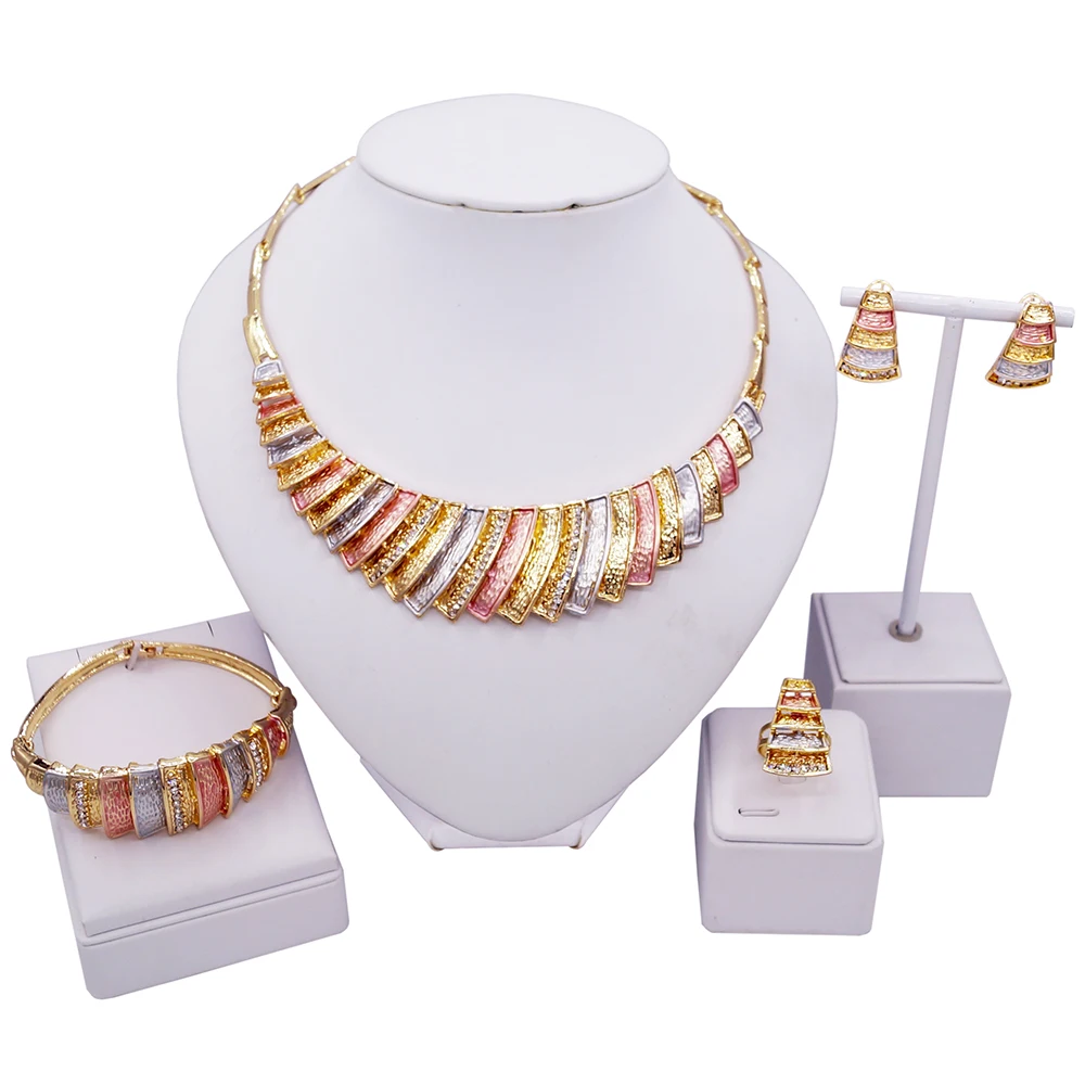 

Yulaili Zinc Alloy Jewelry Set Fashion Splicing Color Necklace Bracelet Set Dubai Women Party Dress with Zircon Jewelry Sets