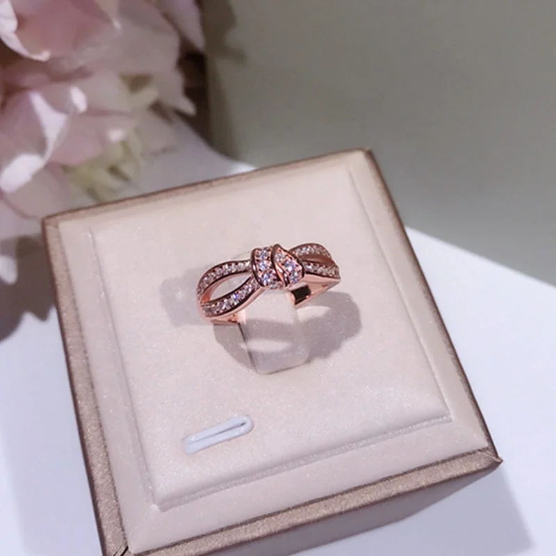 

100% 925 Sterling Silver New Luxury Jewelry Eternity Bow Women Wedding Band Ring For lover Gift