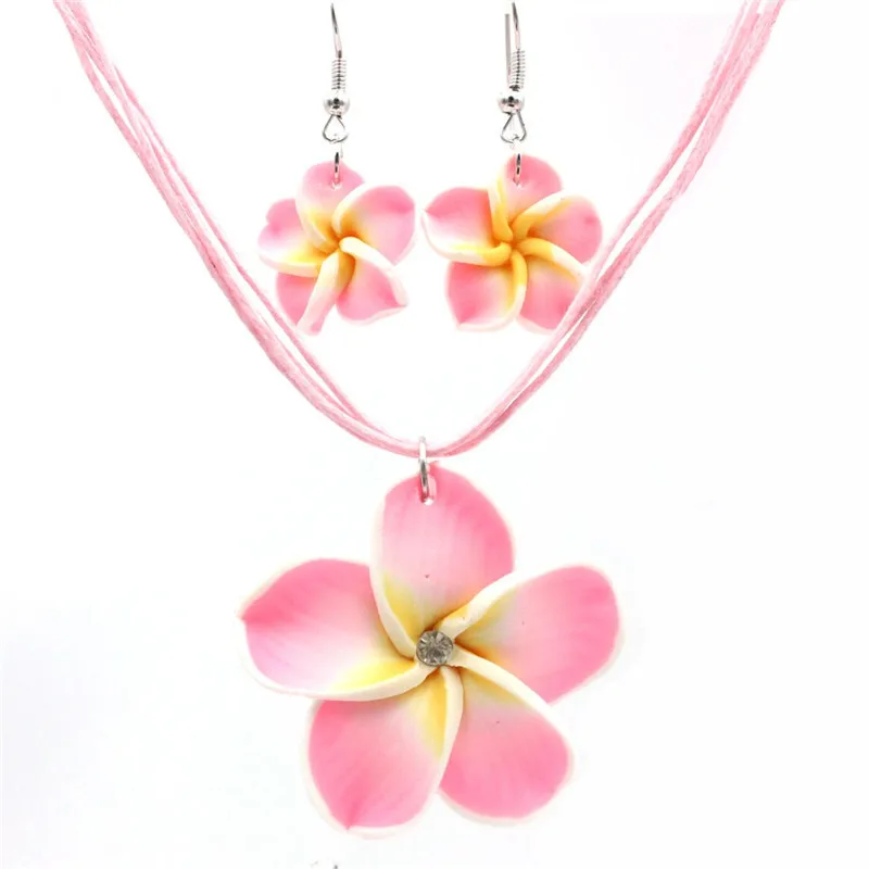 

KOMI Hawaii Women's Jewelry Beautiful Soft Clay Plumeria Flower Wax Rope Necklace Earrings Set