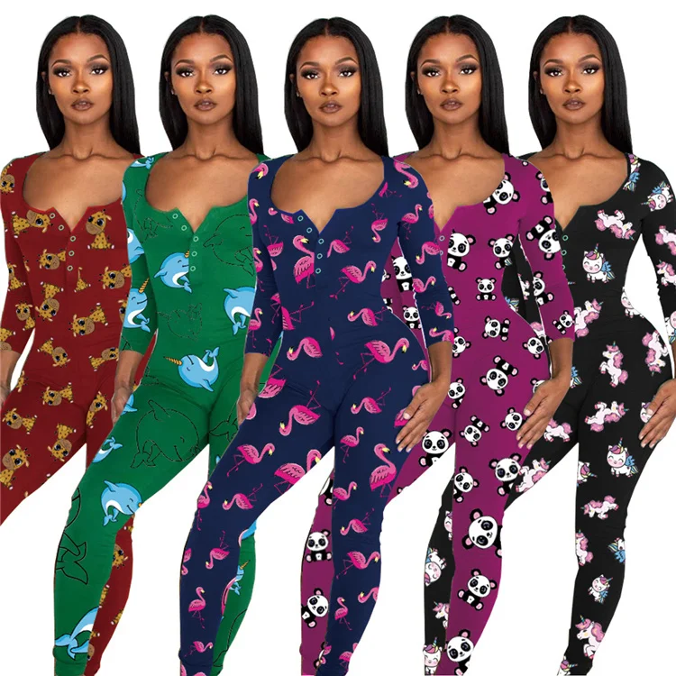 

MD-2021011930 Casual Rompers Print Long Sleeve Cut Out Skinny Sleepwear One Piece Jumpsuit Spring Women Pajamas