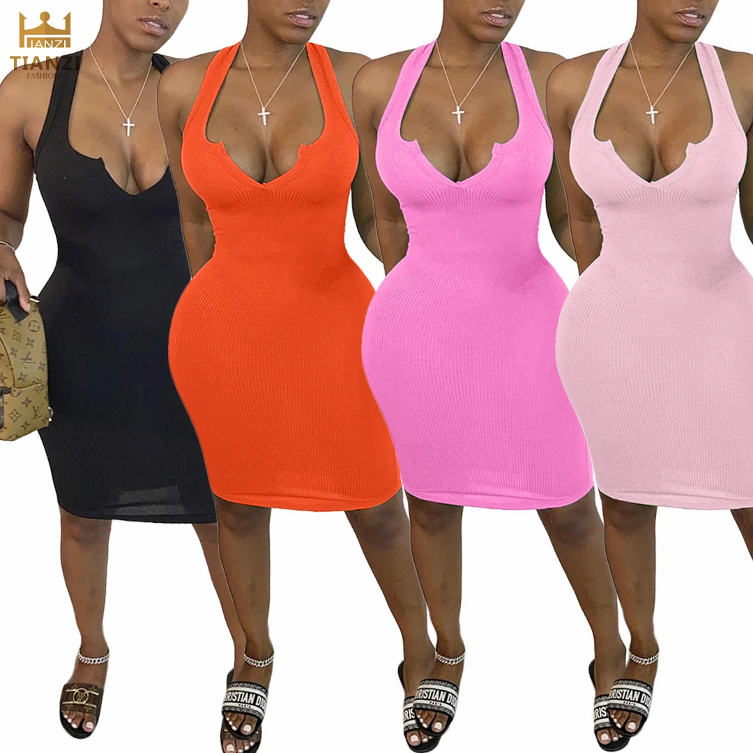 

O4340 - women fashion solid knit sleeveless bandage dress