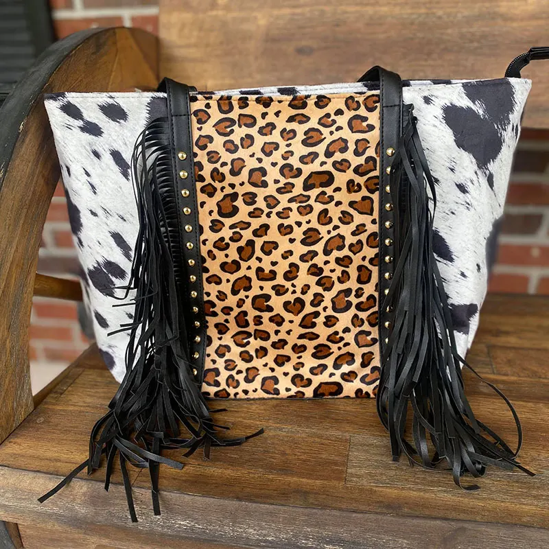 

Fashion Western Lady Cowhide Suede Tassel Shoulder Tote Purse Women's Serape Leopard Suede Fringe Tote Bag with Rivet for Girls, Sunflower,leopard,cowhide etc.or as request.