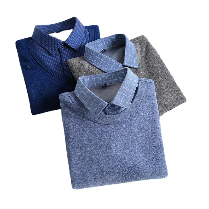 

Wholesale custom Combination of shirt and sweater false two necks and V-necks men's warm long sleeve plaid shirts for winter