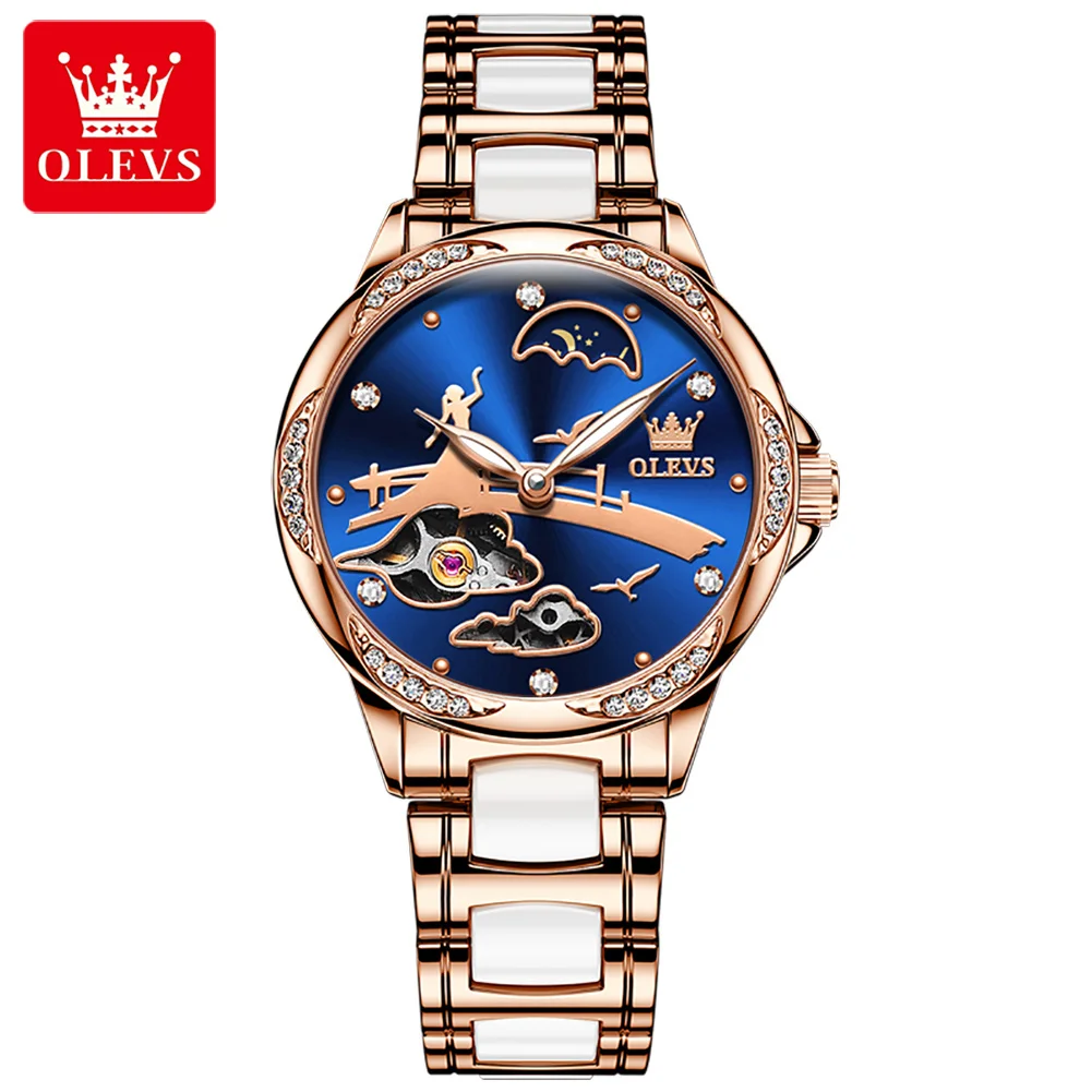 

OKEVS 6639 New Design Ceramic Luminous Automatic Movement Female Stylish Stainless Steel band Datedisplay Mechanical lady Watch