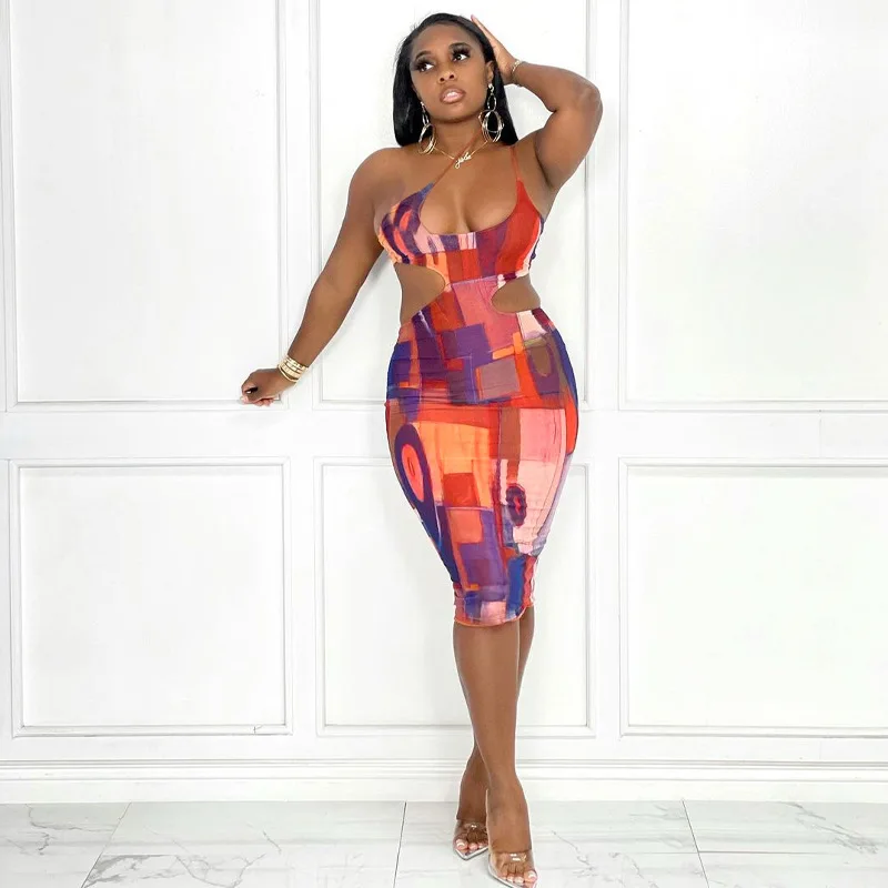 

H8764 - Bodycon Sexy One Shoulder Printed Hollow Out Ladies Dress