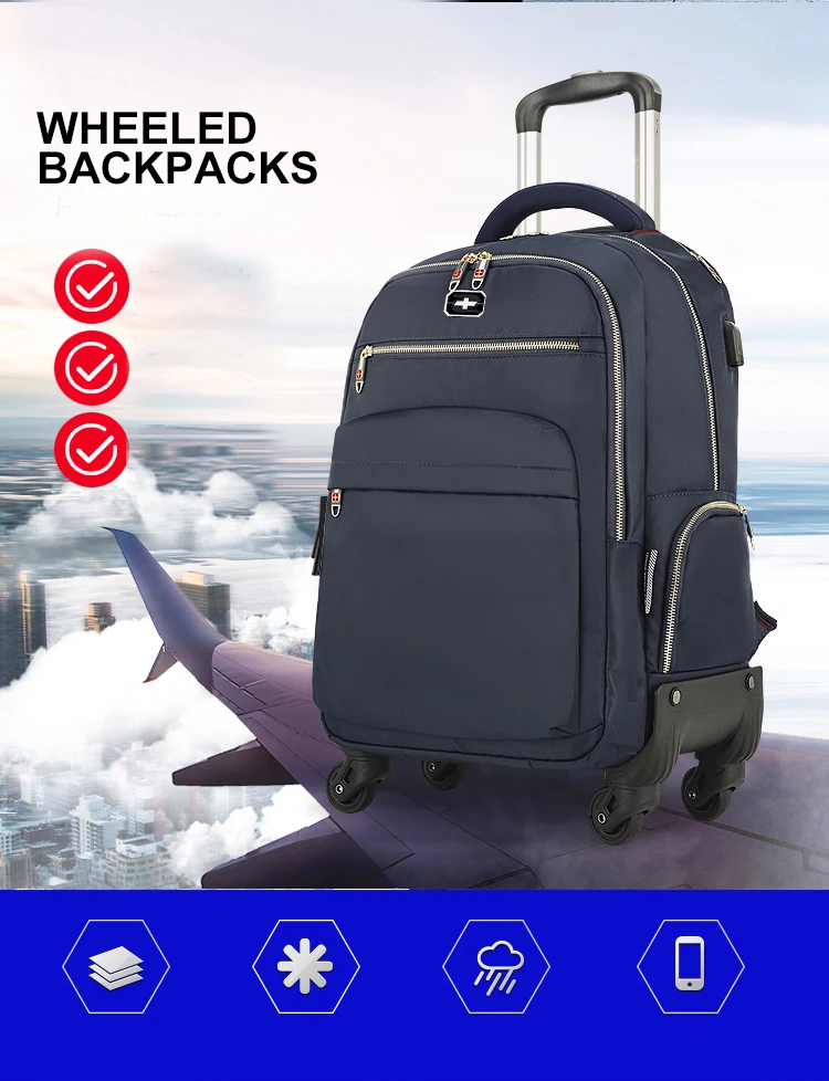 men rolling backpacks