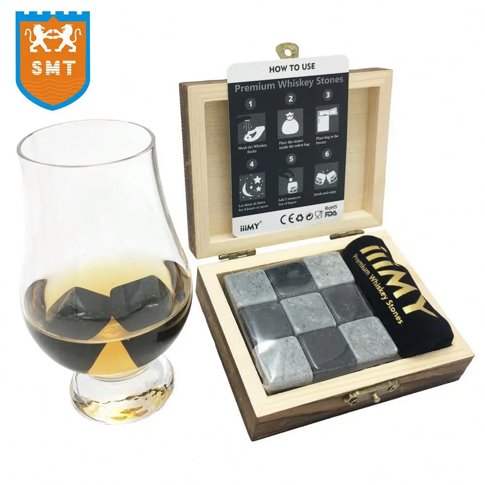 

Whisky Lovers Stones Gift Set of 9 Natural Soapstone and Granite Chilling Rocks with Stylish Wooden Box and Free Velvet Pouch