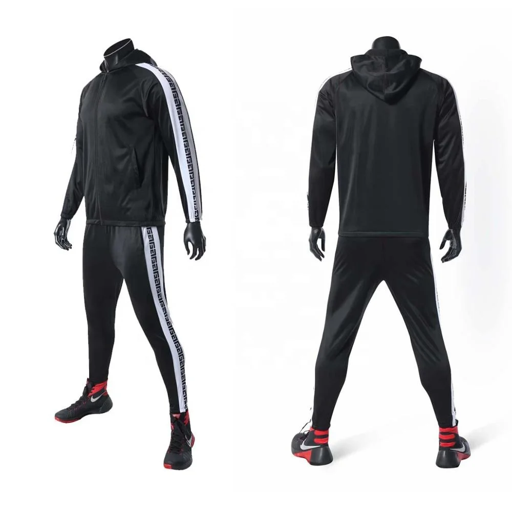 

Wholesale sublimation print black polyester tricot tracksuit, track suit, sport suit with hood for men