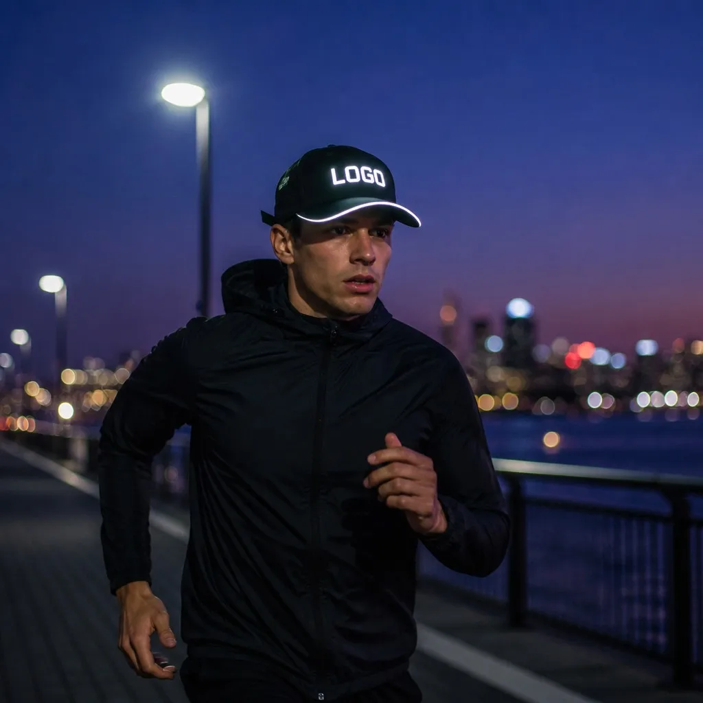 Night Runner Jogging Along City Waterfront at Night Wearing Cap with High-Visibility 3M Reflective Piping and Logo