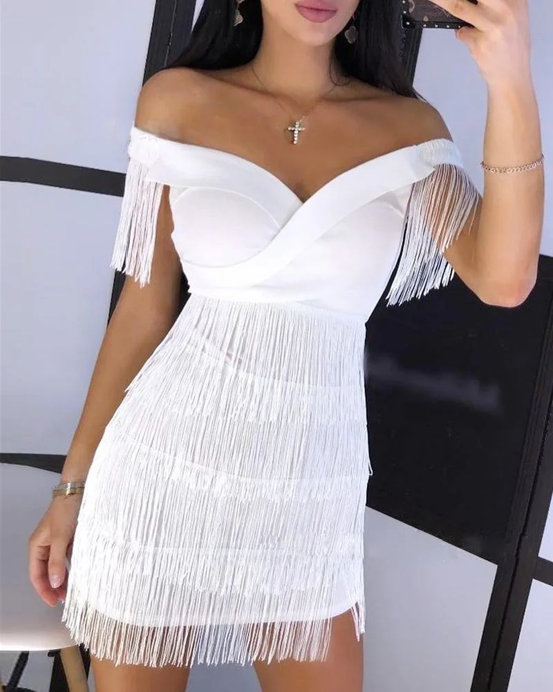 

Party Wear Women Sleeveless Bodycon Dress Summer Fringe Tassel White Dresses corset skirt