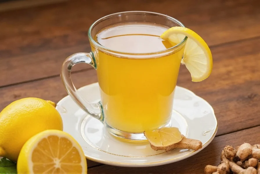 Fresh ginger root, sliced lemon, and raw honey arranged on wooden table for ginger lemon honey tea preparation