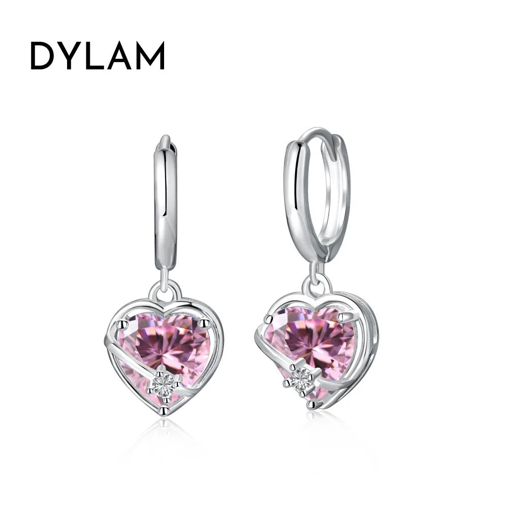 Dylam Wholesale Rhodium Plated Colored Rectangle CZ Crystal Huggie Hoop Earrings Pink Cubic Zircon Heart Drop Hoop Earrings