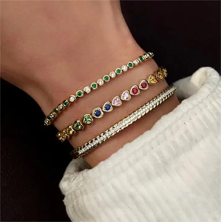 

Fashion Engagement Jewelry Women Luxury Iced Link Bracelet Gold Plated Rainbow Sapphire Heart Bezel Tennis Bracelet For Women