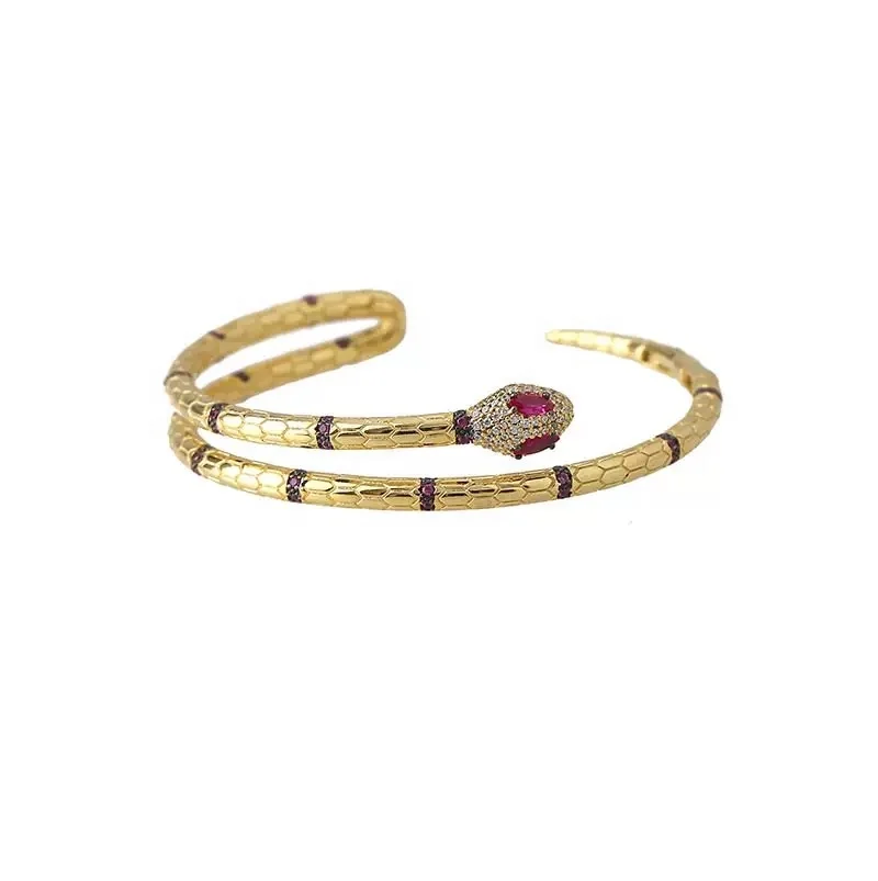

Luxury red corundum gold snake bracelet with rose red Zircon eyes The snake type bracelet earrings jewelry sets dubai style