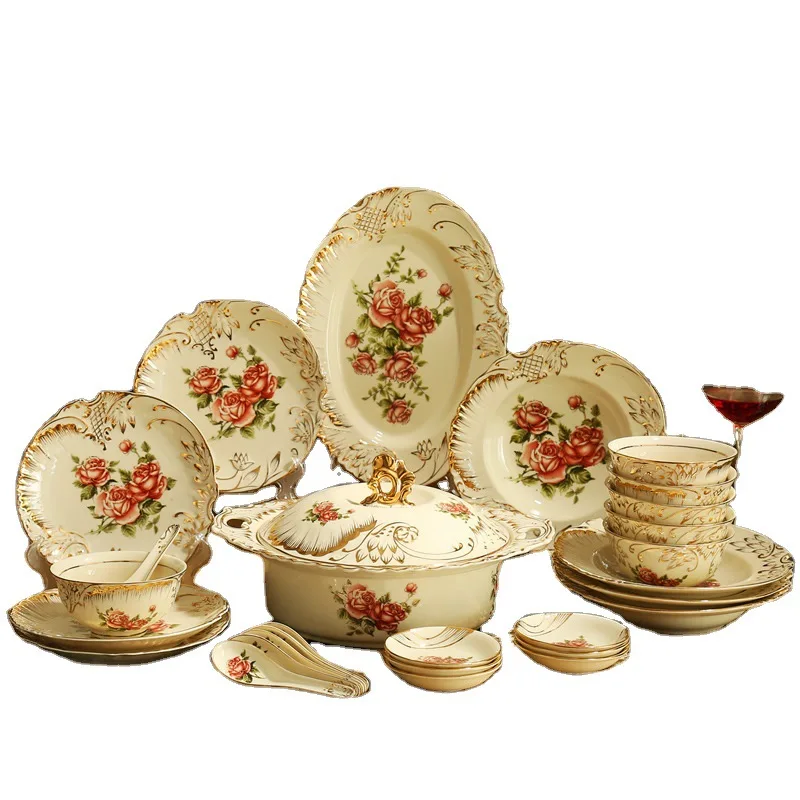 

56-Head European-Style Ceramic Tableware Set Household Golden