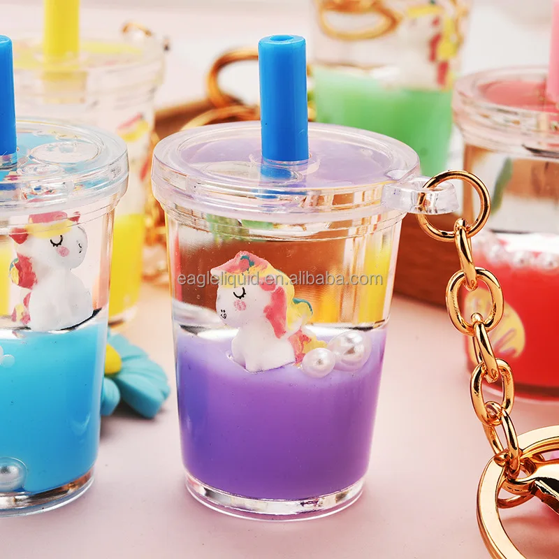 

Girls Gifts Cute Unicorn Floating bottle quicksand key chain Liquid Boba Milk Tea Cup Keychain