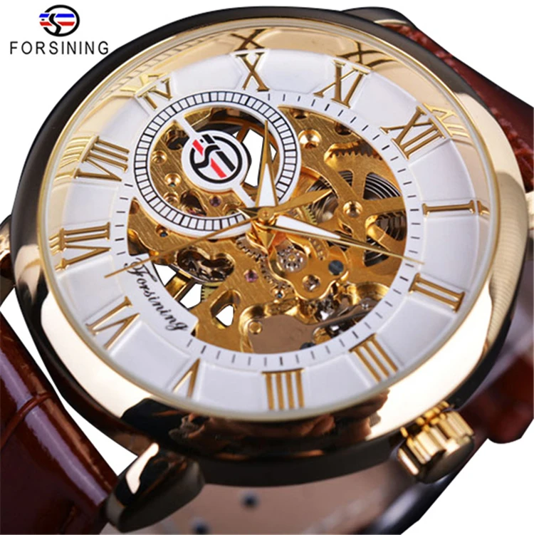 Forsining GMT838 3d Logo Design Hollow Engraving Gold Case Leather Skeleton Mechanical Watches Men Luxurious Brand Heren Horloge