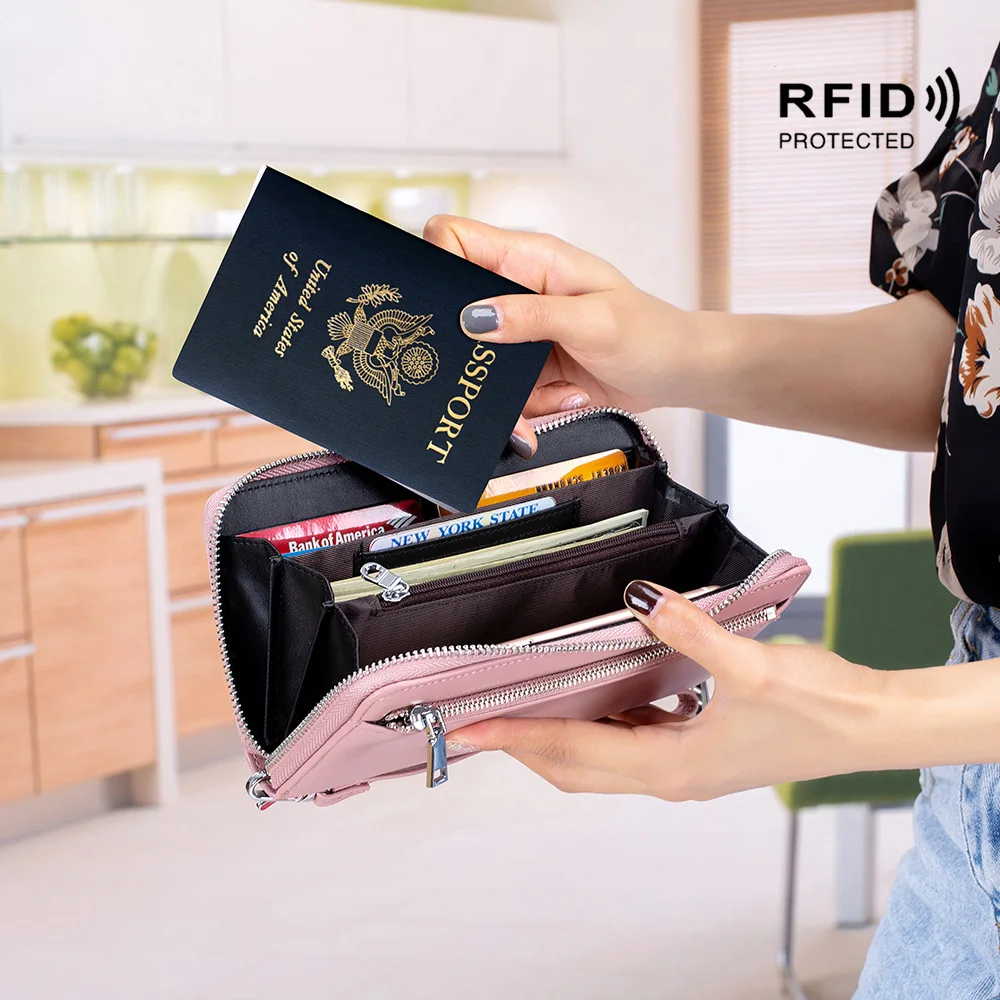 

The New Fashion Women Leather Holder Wallet RFID Anti Theft Brush Zipper Mobile Wallet, Mix