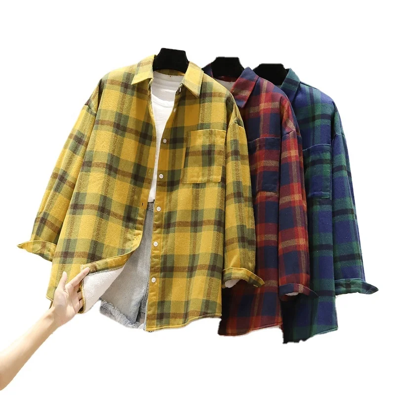 

Winter Flannel Polar Fleece Lining Check Ladies Long Shirt Designs Lady Shirt