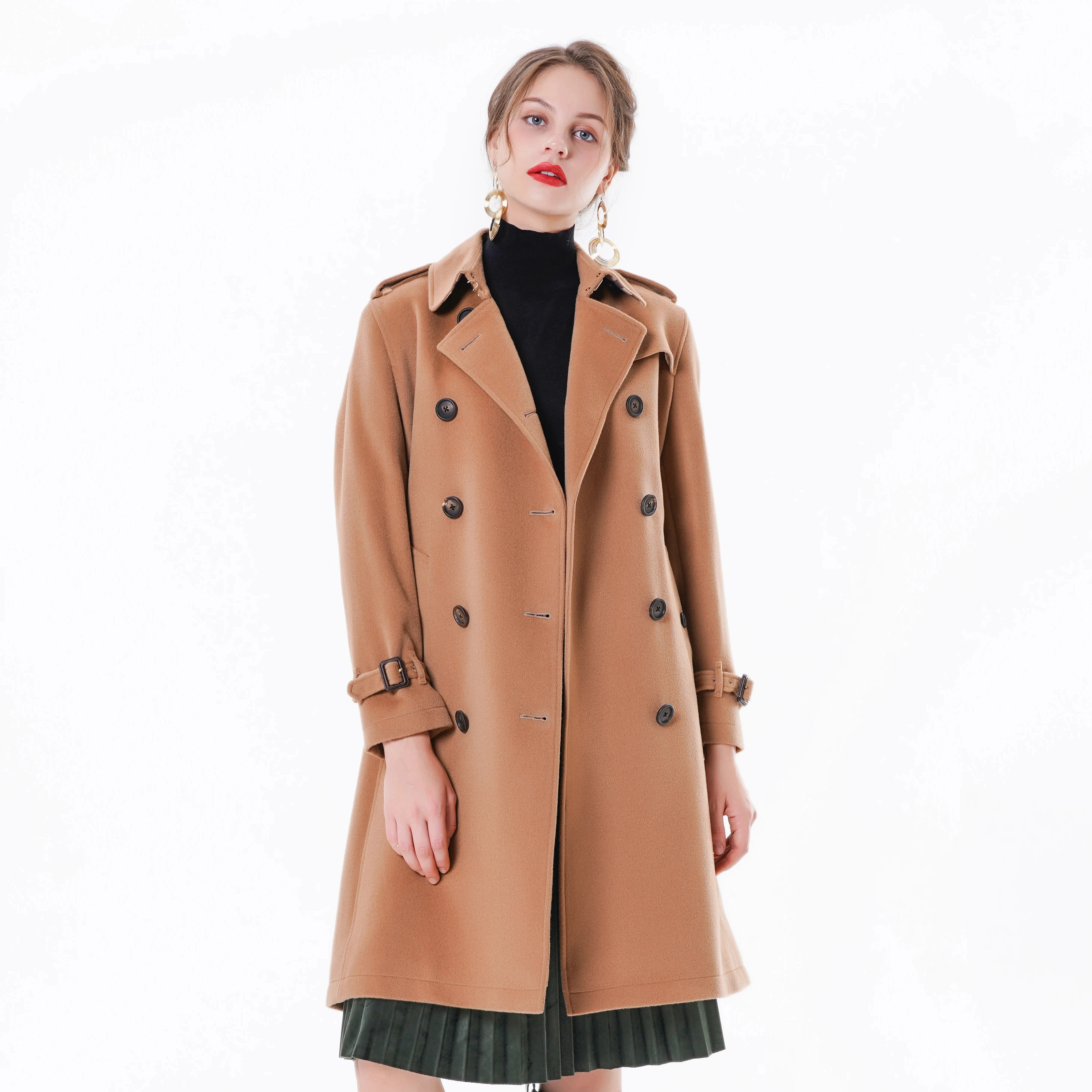 2023 Bosha Women'S Winter Light Camel Trench Coat Long Double Breasted Cashmere Jacket With Solid Style Casual Woolen Fabric
