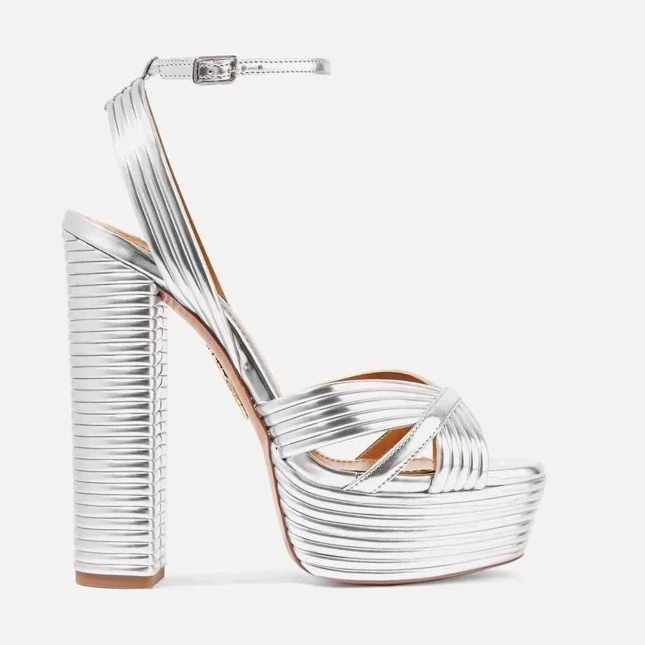 

Silver sexy ribbon women's shoes design party heels classic ladies sandals block heel platform women's shoes