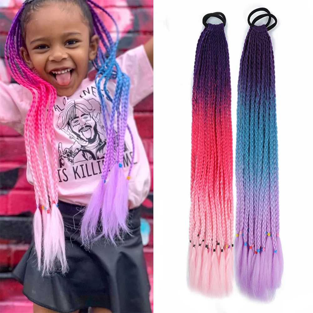 

AliLeader 24 inch Rainbow Color Synthetic Hair Box Braid Tail Ombre Braided Elastic Hair Band Ponytail for Kids Hair Accessories