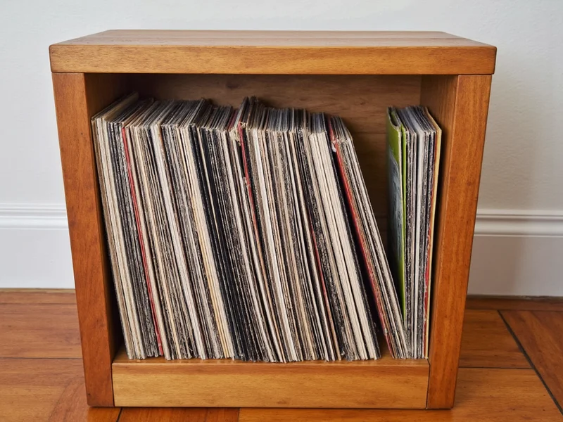 Reclaimed wood record storage holding vinyl collection