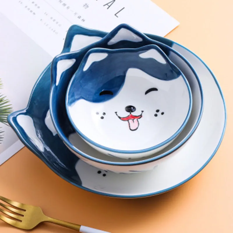 

Creative Japanese kawaii Ceramic Tableware Set Plate Ceramic Bowl Noodle Bowl Soup Bowl Husky Dog Pattern 6 Piece Set, As picture