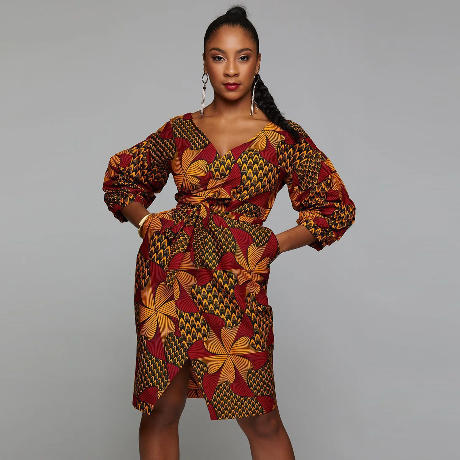 

Wholesale Amazon Africa Clothing Style New v Neck Lantern Sleeve Irregular Belt Buttocks Slim Fit High Waist Causal Sexy Dresses, Shown