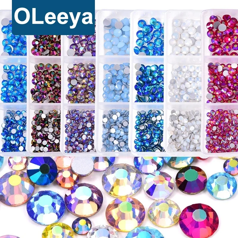 

Oleeya Factory High Quality 1200pcs Mixed 6 Sizes Crystal Flat Non Hotfix Rhinestones For Nail Art In Box Packaging, Over 50pcs colors for choice