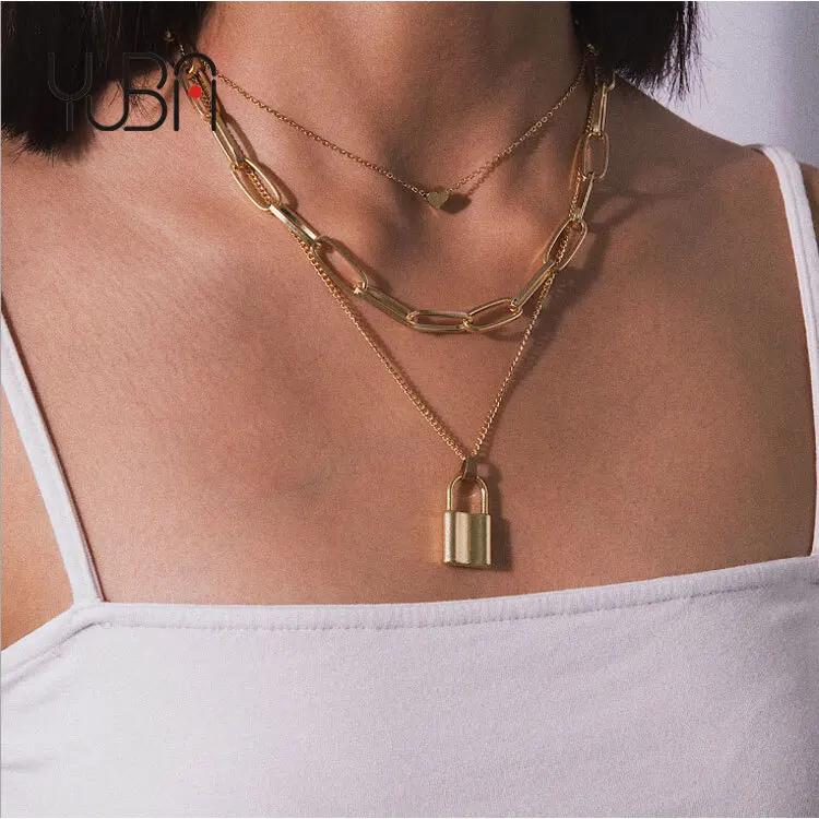 

Punk hip hop exaggerated thick chain multi-layer necklace women alloy necklaces, Silver,gold
