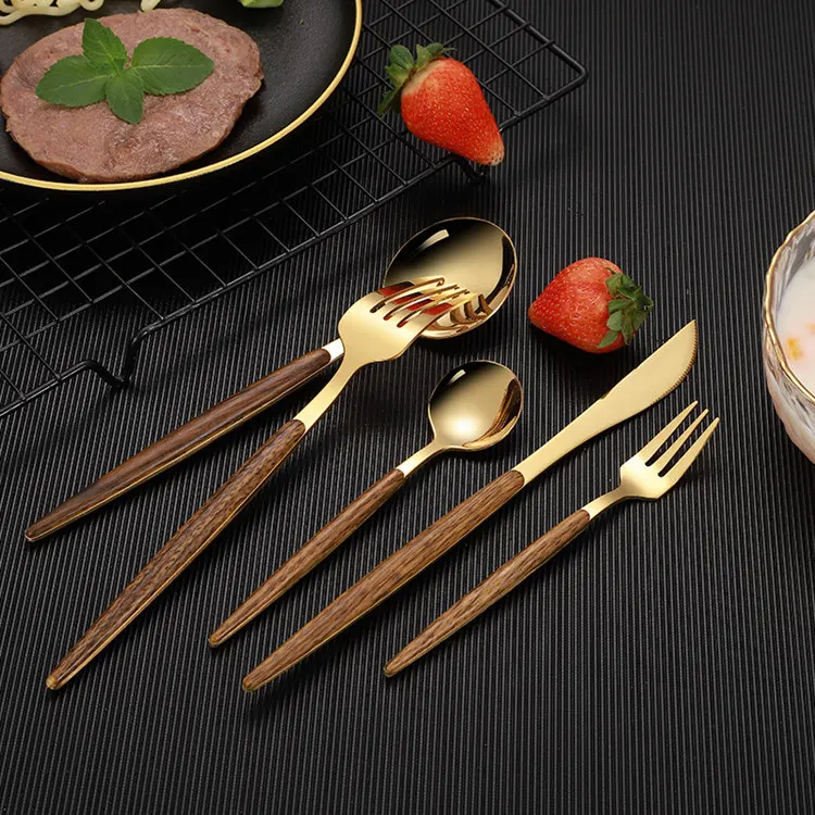 

18/0 wood texture marble looks plastic handle stainless steel dinner spoon fork knife gold flatware cutlery set, Silver/gold