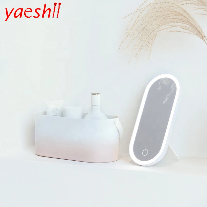 

Yaeshii hot selling makeup case LED makeup storage box touch screen lighting mirror travel large capacity makeup case, White and pink