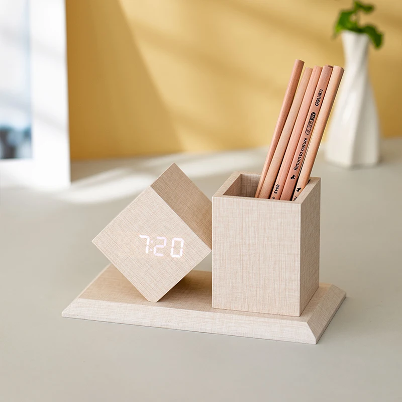 

Private Label Wooden Led Digital Clock Pen Holder Stand For Office Home School Promotional