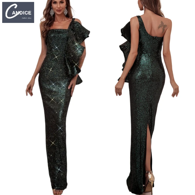 

Candice Haute couture Christmas evening wear asymmetry sleeveless ruffles one-shoulder plus size gown sequin dress with glitters