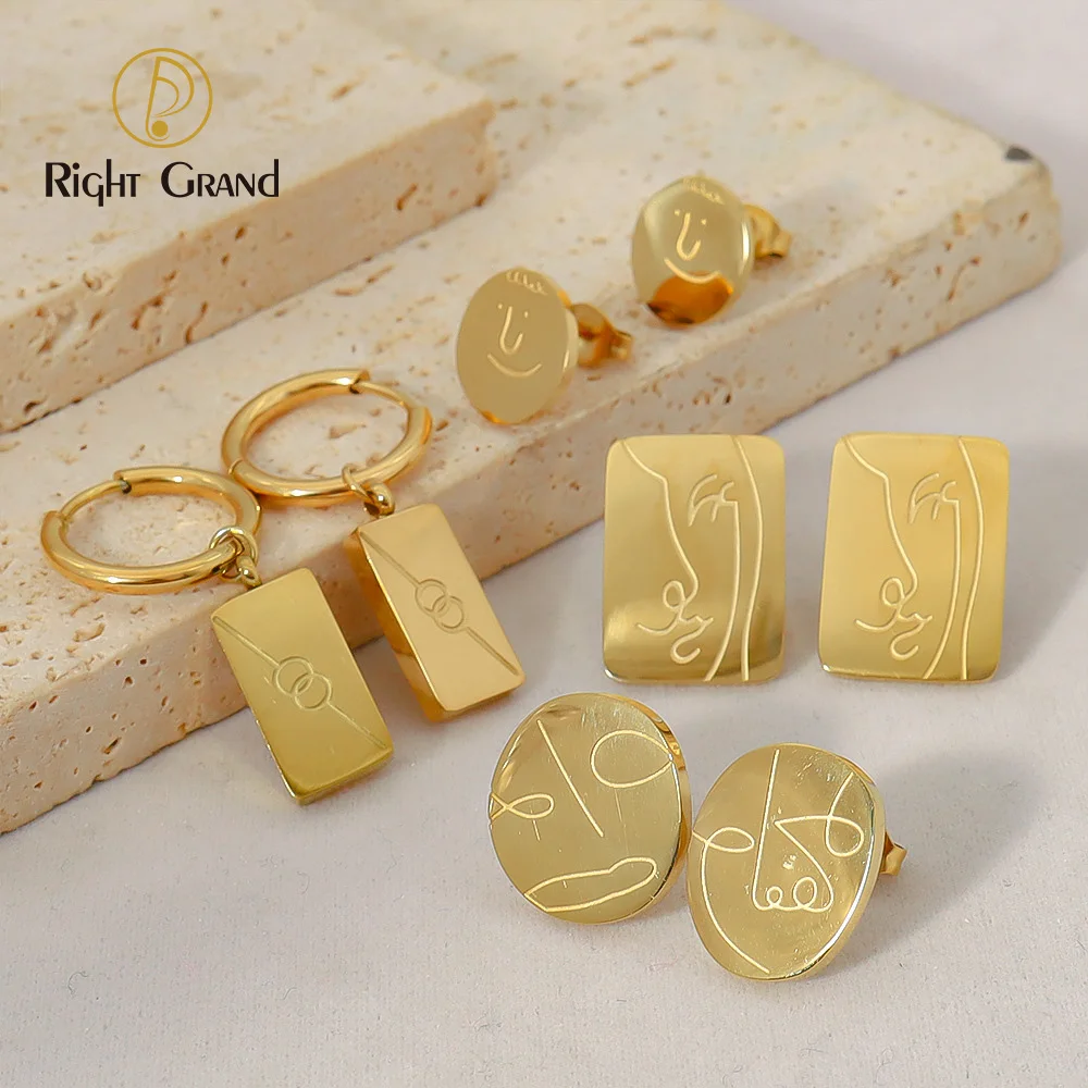 

New Trend Stainless Steel Geometric Gold Smiley Face Stud Hoop Earrings for Women