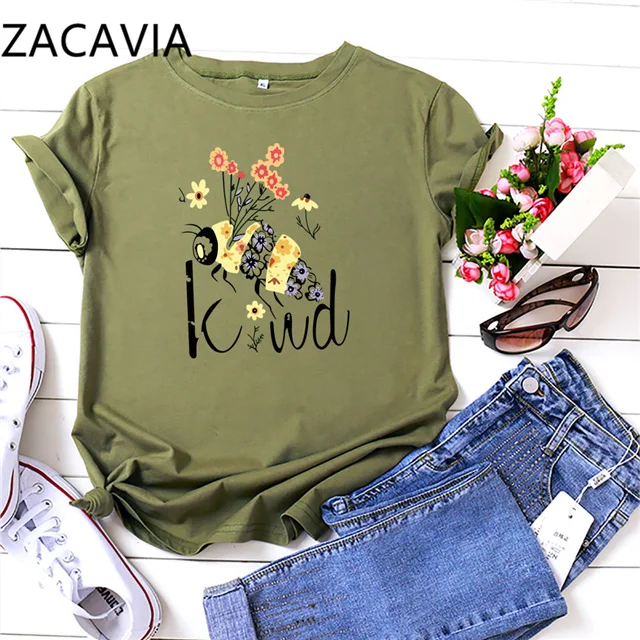 

Zacavia Spot Summer Women's T-shirt Flower Bee Printing Round Neck Printing Short Sleeve Cotton T-shirt Free Ship Custom Logo, Picture showed