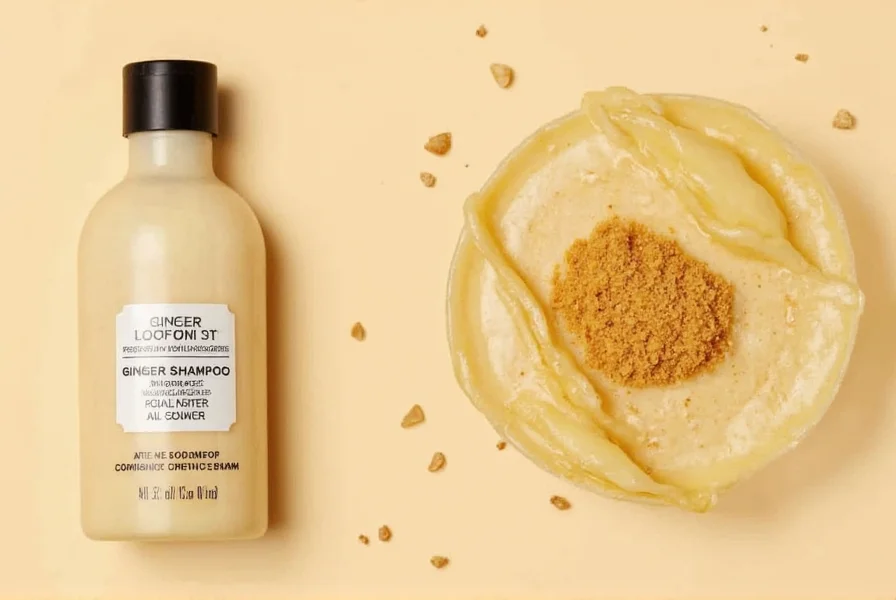 Close-up of The Body Shop Ginger Shampoo bottle showing the amber liquid and ginger root extract ingredients