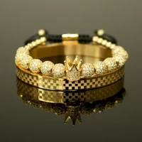 

2020 Luxury Crown Charm Men Bracelet Sets Pave CZ Zircon Beads Braided Stainless Steel Bracelets For Men Fashion Jewelry Gift