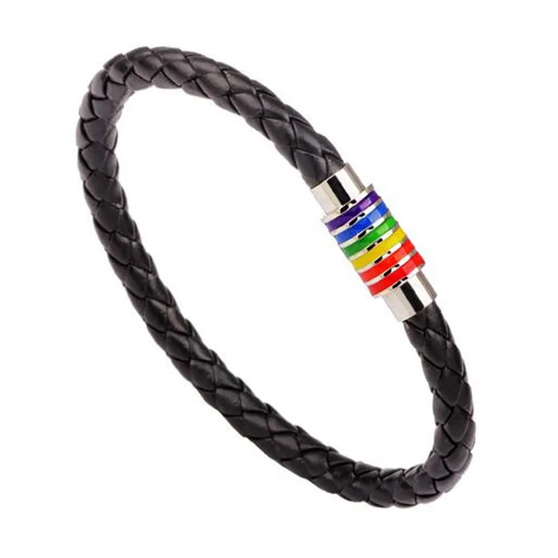 

Black Wide Men Leather Wrap Stainless Steel Manly Metal Making Clasps Custom Magnetic Leather Bracelet
