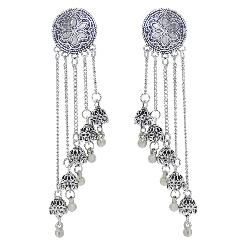 

Bohemian Style Women Indian Jhumka Earrings Gold Silver Metal Flower Bells Dangle Long Tassel Earring Ladies Gypsy Jewelry, Silver,gold