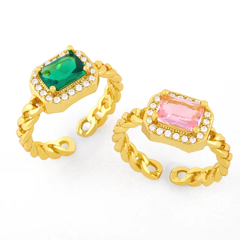 

Luxury Hiphop Big Crystal Square Pink Green Rhinestone Gold Plated Cubic Zircon CZ Micro Paved Open Adjustable Ring, Black and white