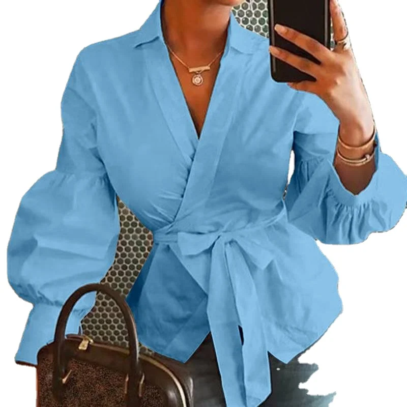 

Ladies Spring New Long Sleeve V-neck Lantern Sleeve Button Solid Color Shirt Ladies Sexy Shirt Dress