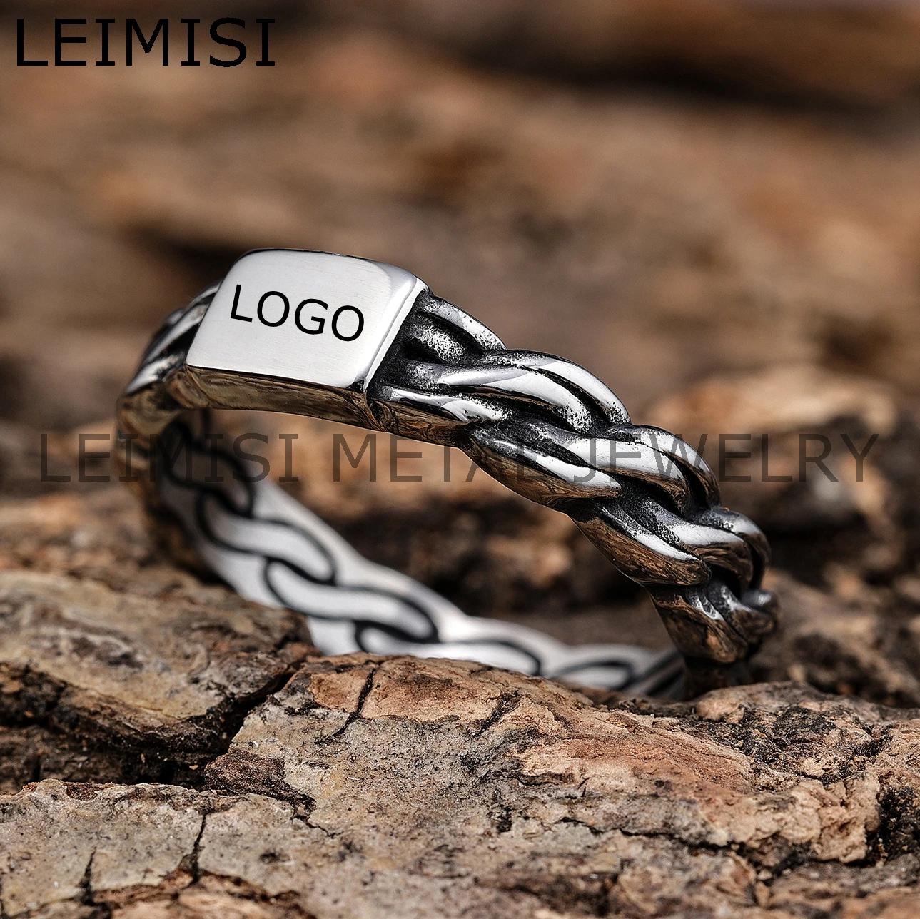 

Punk Vintage Stainless Steel LOGO Engraving 6mm Braided Twisted Signet Band Rings for Men Women