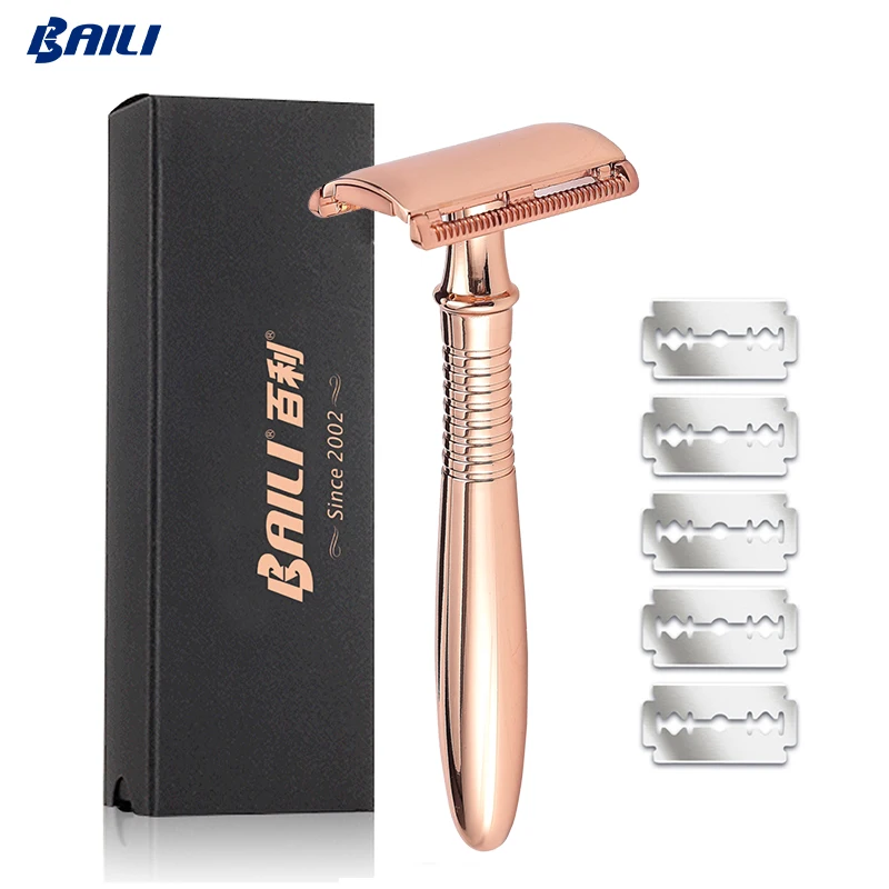 

Baili T Shape Rose Gold Face Facial Razor Women Shaving Safety Razor with 5pcs Razor Blades