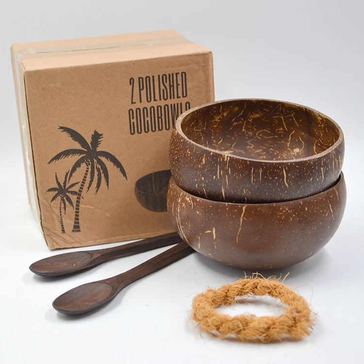 

Handmade Organic Wooden Coconut Bowl Shell With Stand And Wooden Spoon Sets, Natural coconut shell color