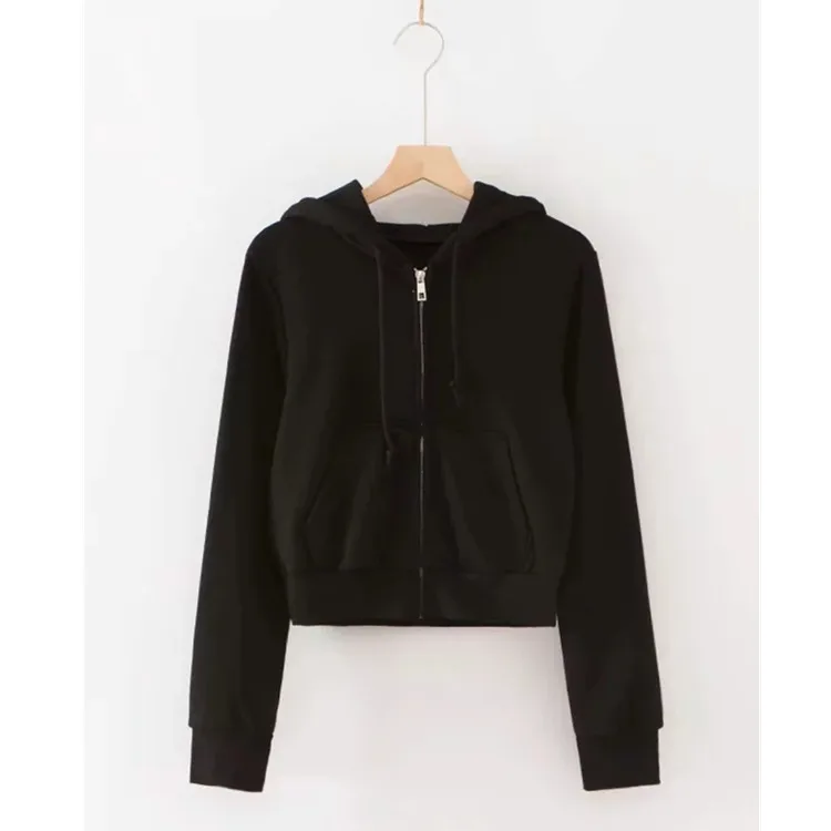 

Custom Slim Long Sleeve Cropped Hoodie Women's Zipper Pocket Short Hoodie