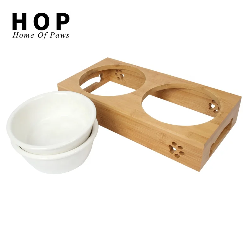 

Factory Wholesale Elevated Double Ceramic Pet Cat Dog Food Bowl With Stand, White